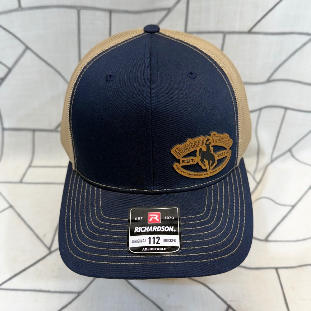 Richardson Trucker Hat OS Navy Tan Western Frontier Patch 112 Adjustable Cap